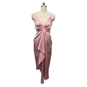 NWT Lulus Pink Satin V Neck Ruched Midi Dress Spaghetti Strap Women's Size XS